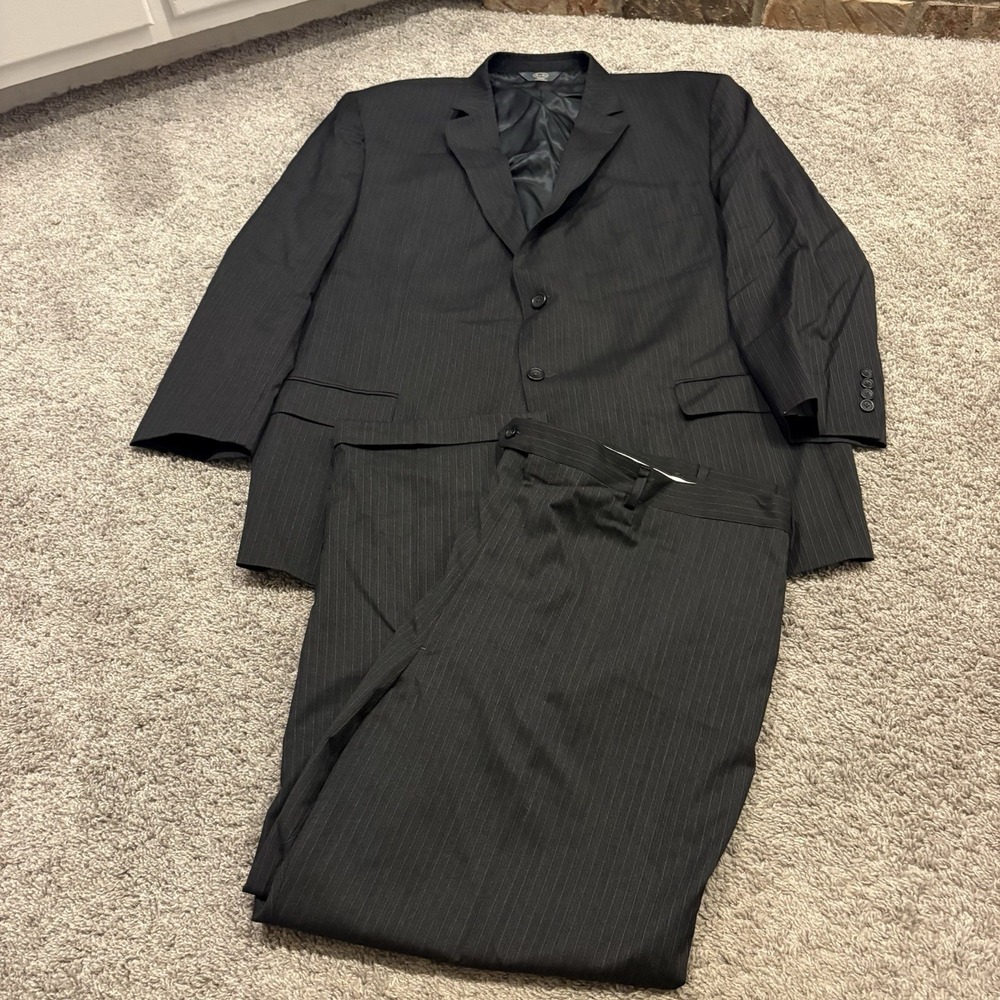 Pronto Uomo 52R 48x28 Black Pin Stripe 100% Wool Mens Jacket Pants Suit 2 Piece